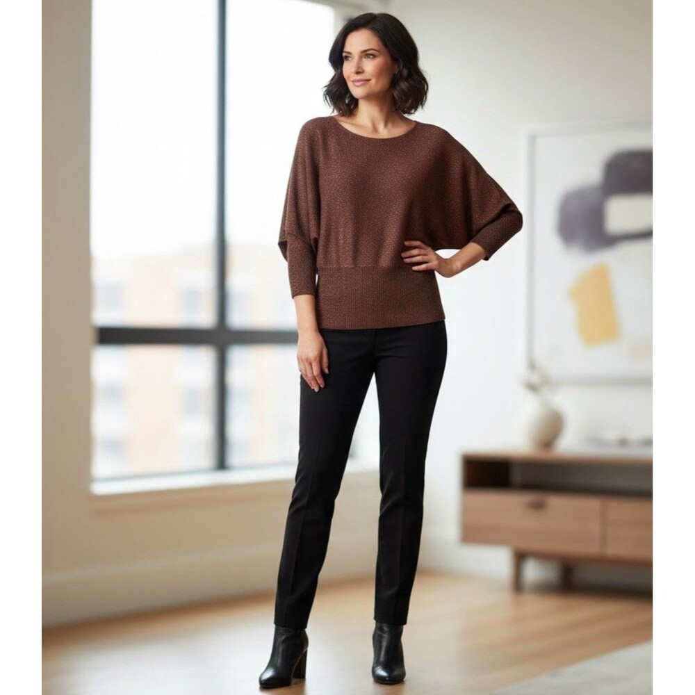 Apt 9 Knit Stretchy Ribbed Waist Shirt Dolman Sleeve Brown Gold Size M Rayon
